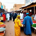 A vibrant and bustling central market in Nouakchott, Mauritania, teeming with diverse Mauritanian men and women engaging in lively commerce. Subjects are depicted in modest, traditional attire, including colorful malafas for women and darras for men, all fully clothed and in appropriate attire. Stalls are overflowing with an array of goods such as bright textiles, glistening dates, aromatic spices, and intricate handcrafted silver jewelry. The scene is illuminated by warm, natural light, capturing the authentic, energetic atmosphere of the marketplace. Professional photography, high detail, realistic, perfect anatomy, correct proportions, well-formed hands, proper finger count, natural poses, safe for work, appropriate content, fully clothed, family-friendly.