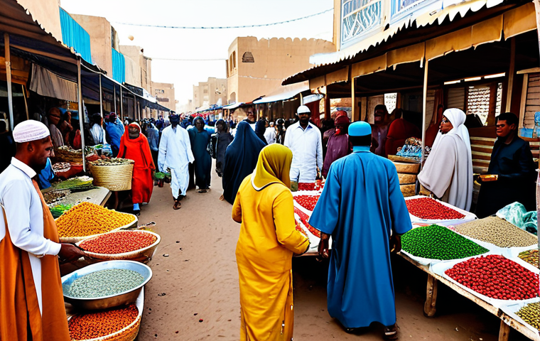 A vibrant and bustling central market in Nouakchott, Mauritania, teeming with diverse Mauritanian men and women engaging in lively commerce. Subjects are depicted in modest, traditional attire, including colorful malafas for women and darras for men, all fully clothed and in appropriate attire. Stalls are overflowing with an array of goods such as bright textiles, glistening dates, aromatic spices, and intricate handcrafted silver jewelry. The scene is illuminated by warm, natural light, capturing the authentic, energetic atmosphere of the marketplace. Professional photography, high detail, realistic, perfect anatomy, correct proportions, well-formed hands, proper finger count, natural poses, safe for work, appropriate content, fully clothed, family-friendly.