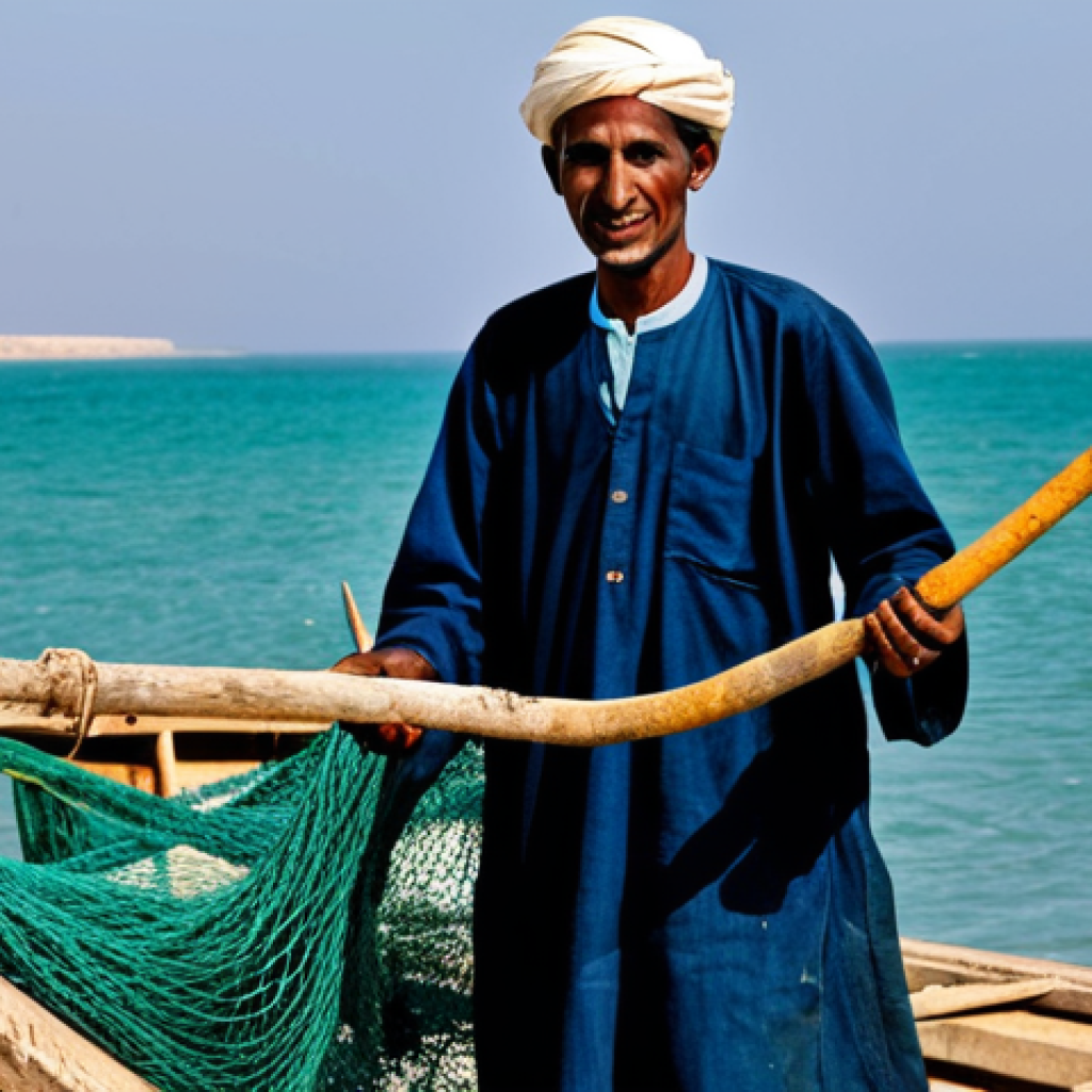 모리타니 어업 산업 - Mauritanian Fisherman**
"A Mauritanian fisherman in traditional modest clothing, standing on a weat...