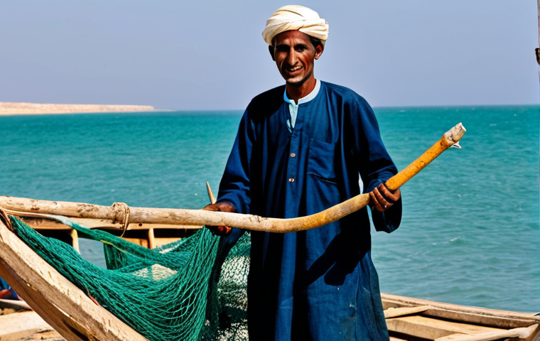 모리타니 어업 산업 - Mauritanian Fisherman**

"A Mauritanian fisherman in traditional modest clothing, standing on a weat...