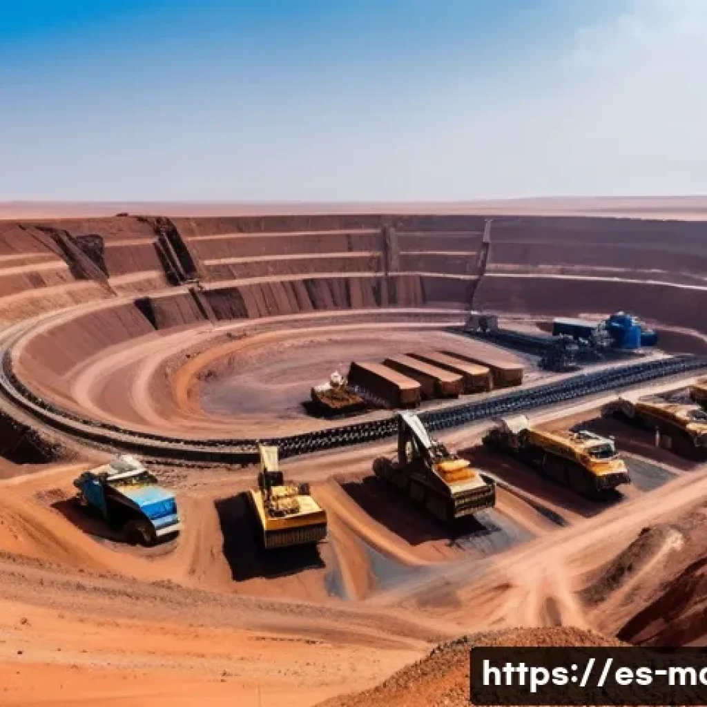 모리타니 주요 수출품 - A panoramic view of a bustling iron ore mining site in northern Mauritania during daytime, featuring...