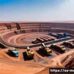 Home 22 모리타니 주요 수출품 - A panoramic view of a bustling iron ore mining site in northern Mauritania during daytime, featuring...