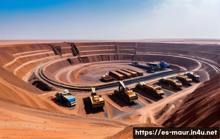 모리타니 주요 수출품 - A panoramic view of a bustling iron ore mining site in northern Mauritania during daytime, featuring...