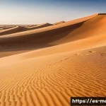 Home 21 모리타니 사막 체험 - A vast Mauritanian Sahara desert landscape at golden hour, featuring endless rolling sand dunes shap...