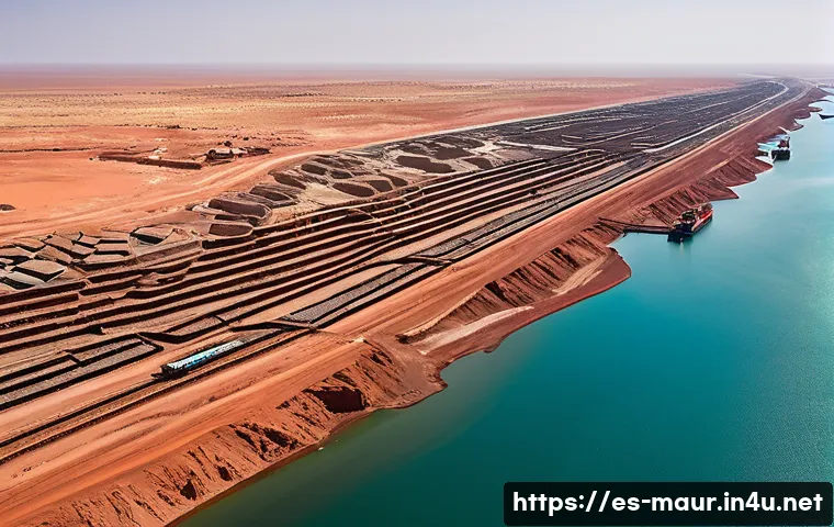 모리타니 광업 자원 - A panoramic aerial view of the vast iron mining region near Zou&eacute;rat, Mauritania, showcasing large op...