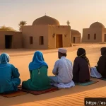 Home 18 모리타니 종교와 사회 - A serene scene of a small Mauritanian village at dawn, with modest, sandy-colored mosques featuring ...