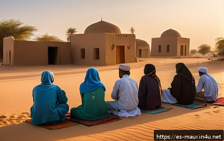 모리타니 종교와 사회 - A serene scene of a small Mauritanian village at dawn, with modest, sandy-colored mosques featuring ...