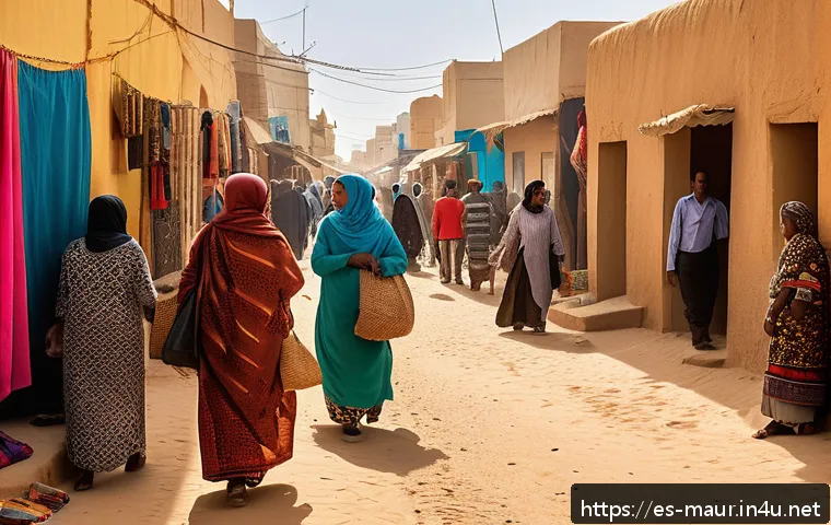모리타니 아랍어와 프랑스어 - A vibrant street scene in Nouakchott, Mauritania, showcasing daily life with people of diverse ages ...
