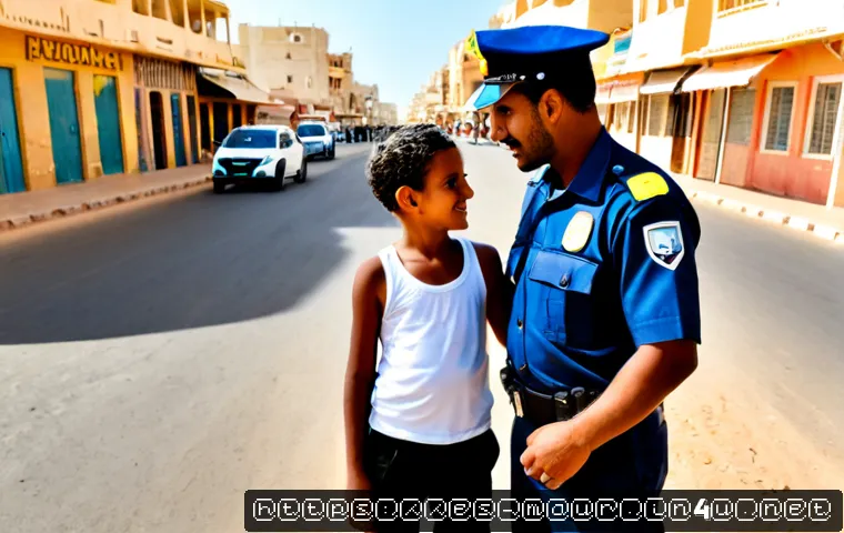 Home 17 모리타니 치안 상황 - Photorealistic travel safety scene in Nouakchott, Mauritania, a Spanish-speaking family traveler con...