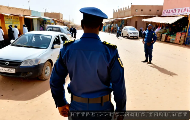 모리타니 테러 위협 - Photorealistic wide-angle scene of a calm security checkpoint on a modern street in Nouakchott, Maur...